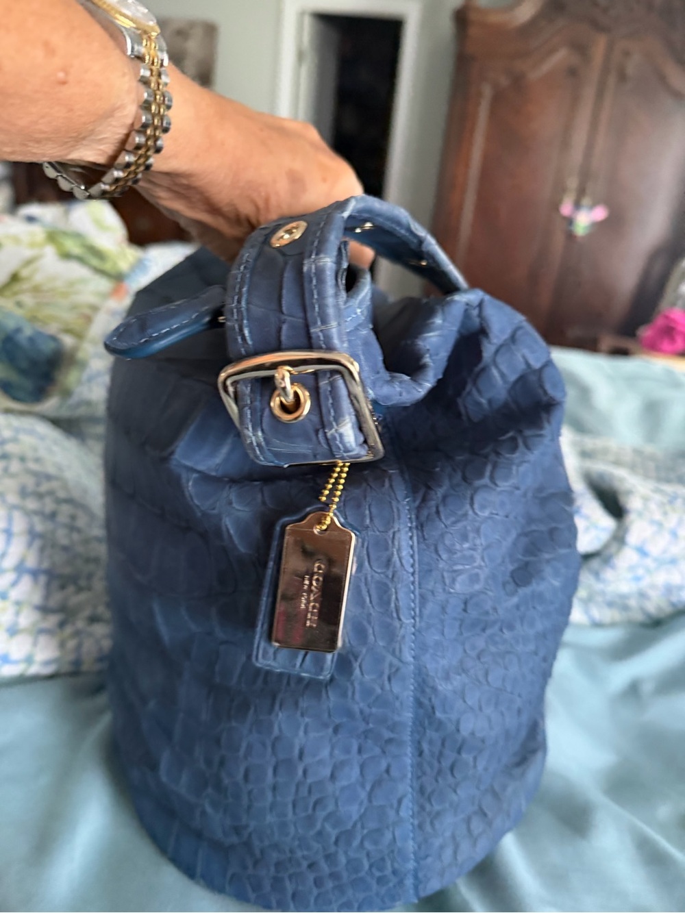 Coach Blue Croc-Embossed Hobo Bag - Picture 3 of 5